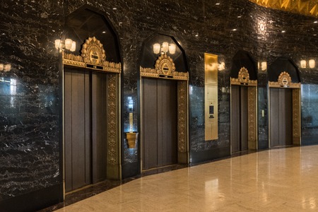 Elevator in the hall of the Exchange Building in the central business district in Seattle, Washington, USA.のeditorial素材