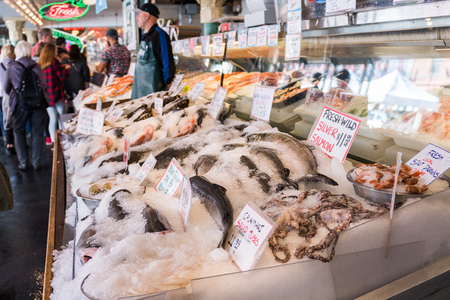 Fresh fish stall at Pike Market in Seattle, Washington, USAのeditorial素材
