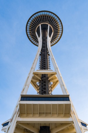 The top of the Space Needle seen from below in Seattle