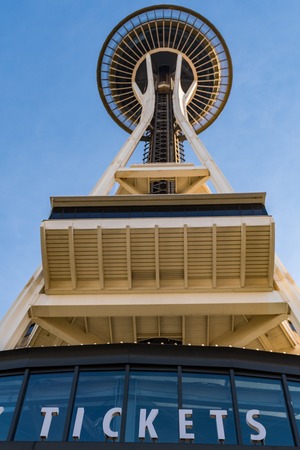 The Space Needle ticket office seen from below in Seattleのeditorial素材