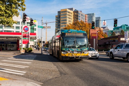 Bus line 8 to Seattle Center goes through traffic in the Belltown neighborhood.