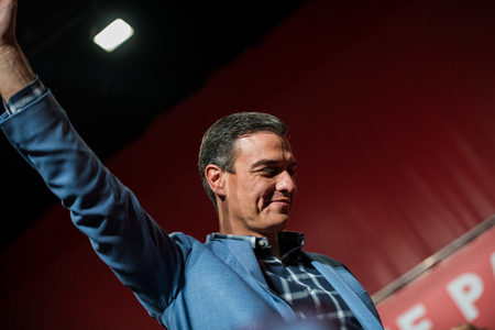 The Spanish Prime Minister and PSOE candidate in the next elections Pedro Sanchez in a party conference in Caceres.のeditorial素材