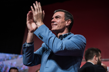The Spanish Prime Minister and PSOE candidate in the next elections Pedro Sanchez in a party conference in Caceres.のeditorial素材