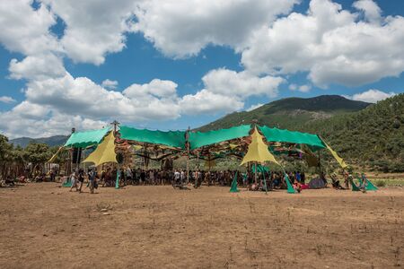 View of the main stage of the psytrance Lost Theory festival in the natural environment of Riomalo de Abajoのeditorial素材