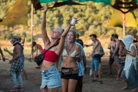 Attendees and atmosphere in the Lost Theory psytransce music festival held in Riomalo de Abajoのeditorial素材