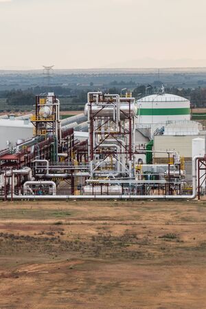 Deposits and pipes in the centre of the Solaben thermosolar plant in Logrosanのeditorial素材