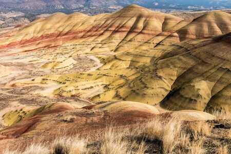 Views of the arid and colorful landscape of Painted Hills, Oregon, USA.