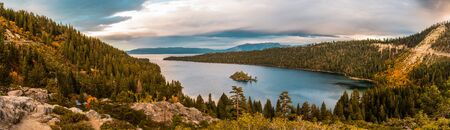 Panoramic sunset view over Emerald Bay and Fannette Island in Lake Tahoeの写真素材