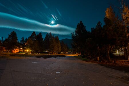 Night view of one of the streets and houses next to Lakeside Beach in Lake Tahoeの写真素材