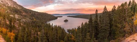 Panoramic sunset view over Fannette Island at Emerald Bay in Lake Tahoeの写真素材