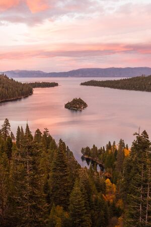 Sunset view over Fannette Island at Emerald Bay in Lake Tahoeの写真素材