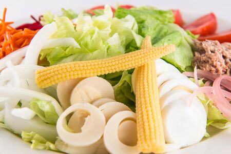 Detail of a mediterranean salad plate with tomato, lettuce, onion, palm heart, tuna and mini corn cobs.の写真素材