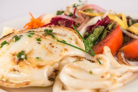 Detail of a plate of grilled cuttlefish with mixed salad with tomato, lettuce, carrot and heart of...