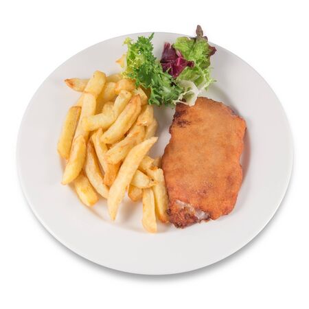 San Jacobo steak filled with cheese with French fries and endive.の写真素材