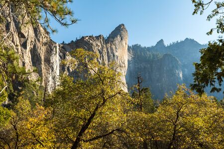 View of Bridalveil Waterfall from Southside Drive in Yosemite National Park, California, USAの写真素材