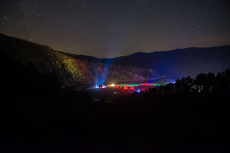 Night view of the festival Psytrance Lost Theory in Rio Malo de Abajo in Las Hurdes, Extremadura, Spainのeditorial素材