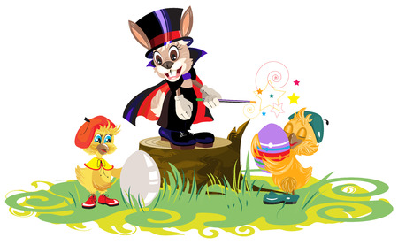 Rabbit magician and chickens dyed eggs for Easterのイラスト素材
