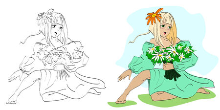 girl picking flowersのイラスト素材