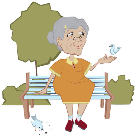 Grandmother on the bench feeding birds. Vector cartoon illustrationのイラスト素材