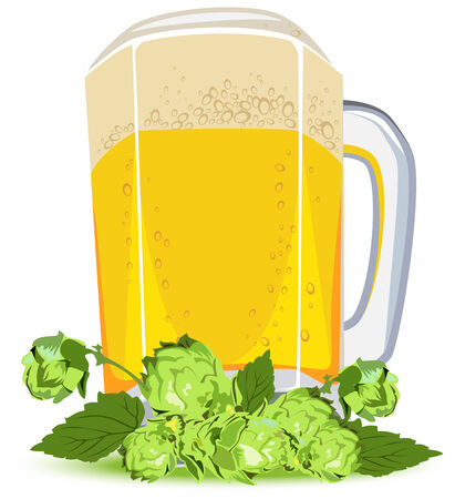 Mug of lager beer and green hops. Illustration in vector formatのイラスト素材