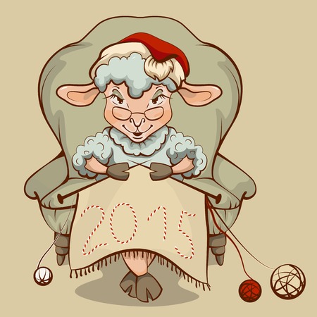 Christmas lamb sitting in a chair and knits symbol 2015. のイラスト素材