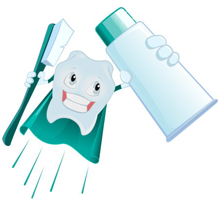 Tooth Superman holds toothpaste and toothbrush. Vector cartoon illustrationのイラスト素材