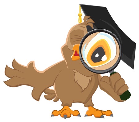 Owl looking through a magnifying glass. Vector cartoon illustrationのイラスト素材