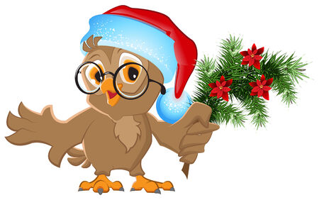 Owl in a Santa Claus hat holding a fir branch. Vector cartoon illustrationのイラスト素材