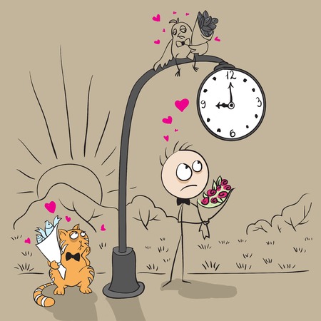 The guy near post with a clock waiting for date with a girl. Vector cartoon illustrationのイラスト素材
