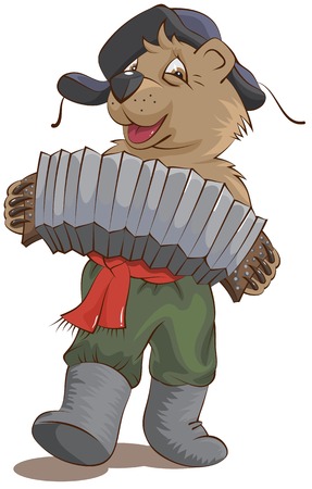 Russian bear in a cap with earflaps plays the harmonica. Vector cartoon illustrationのイラスト素材