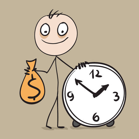 Time is money. Man holding bag of money and hours. Vector cartoon illustrationのイラスト素材