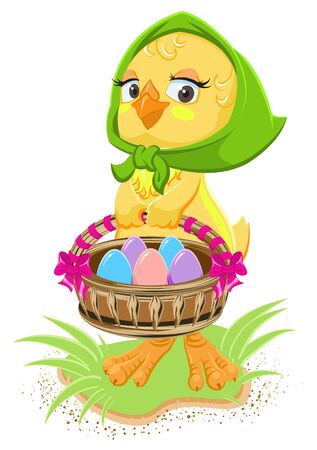 Easter - chicken holding a basket of eggs. Illustration in vector formatのイラスト素材