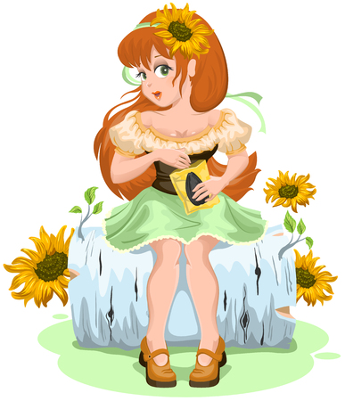 Girl sits on birch logs and nibbles roasted sunflower seeds. Illustration in vector formatのイラスト素材