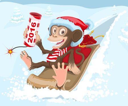 Christmas monkey riding on a sled and keeps petard 2016. Illustration in vector formatのイラスト素材