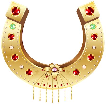 Golden Horseshoe decorated with precious stones and flowers. Illustration in vector formatのイラスト素材
