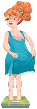 She lost weight. Thin red-haired girl standing on the scales. Isolated illustration in vector formatのイラスト素材