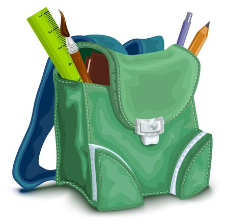 Green backpack with school supplies. Isolated illustration in vector formatのイラスト素材