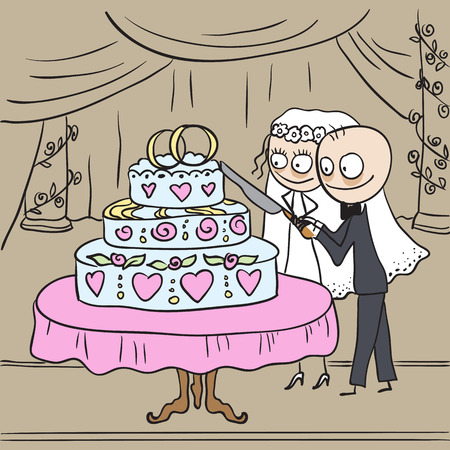 Bride and groom cut wedding cake. Cartoon illustration in vector formatのイラスト素材