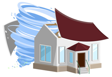 Hurricane destroyed roof of house. Property insurance. Isolated on whiteのイラスト素材
