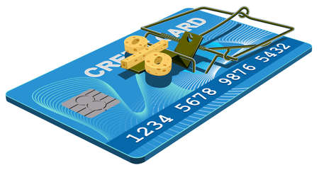 Credit card trap. Bank interest free cheese in mousetrap. Isolated on whiteのイラスト素材