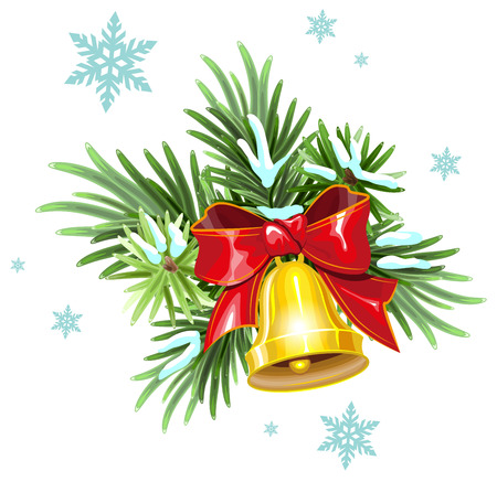 Fir branches, red ribbon and golden bell. Christmas Decoration. Illustration in vector formatのイラスト素材