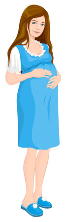 Young pregnant woman holds her hands on stomach. Future mom. Isolated illustration in vector formatのイラスト素材