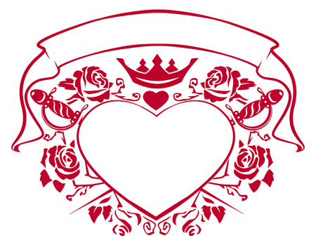 Emblem of love - shape heart, dagger, crown, ribbon and roses. Illustration in vector formatのイラスト素材