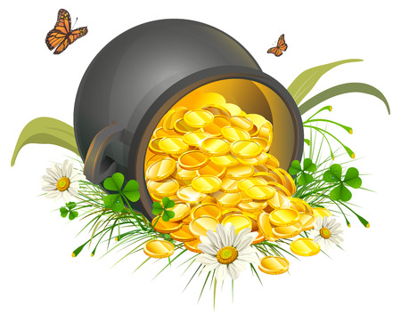 Overturned pot of gold coins. Cauldron of gold. Isolated on white illustrationのイラスト素材
