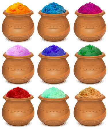 Set ceramic pot of paint holi. Festival of colors Holi. Isolated on white vector illustrationのイラスト素材