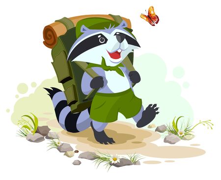 Scout raccoon with backpack goes camping. Summer Camping.のイラスト素材