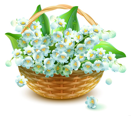 Wicker Basket of flowers. Flower lily valley. Bouquet lily of valley. Isolated on white vector illustrationのイラスト素材