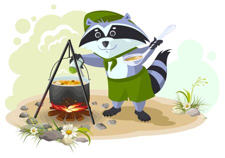 Scout raccoon cooking soup over campfire. Summer holidays camping. Cartoon illustration in vector formatのイラスト素材