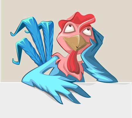Blue Rooster symbol 2017. Cock bird is sitting at table. Cartoon illustrationのイラスト素材