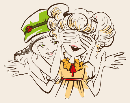 Girl closed her eyes hands friend. Guess who. Two girl friends. Vector fun cartoon illustrationのイラスト素材